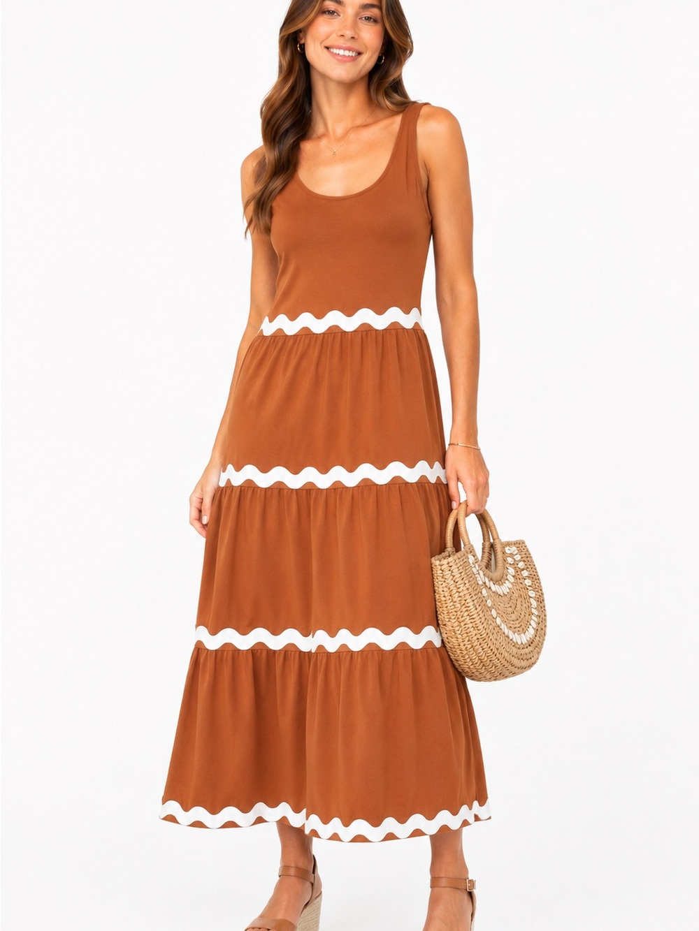 Sleeveless Maxi Dress in Rust with White Trim -M